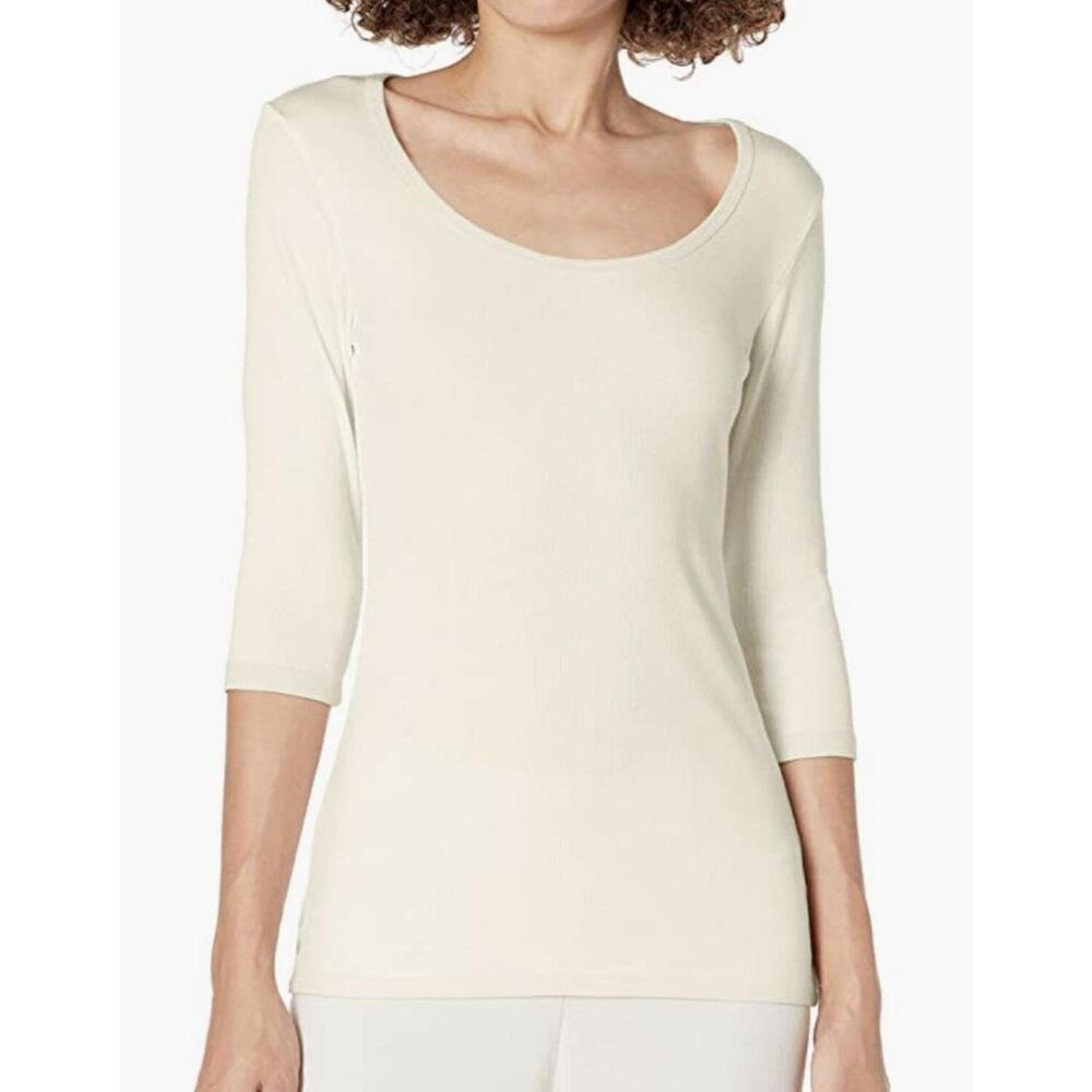 NEW PJ HARLOW women's norah rib knit 3/4 sleeve tee in eggnog